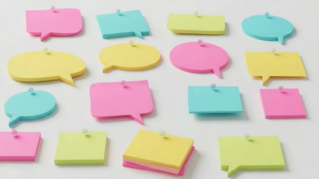 Vibrant Collection of Pink Yellow and Turquoise Memo Notes Arranged Neatly on a Clean White Surface
