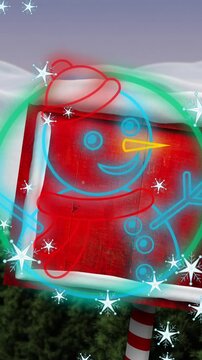 Animation of snow falling and snowman at christmas over wooden sign with copy space