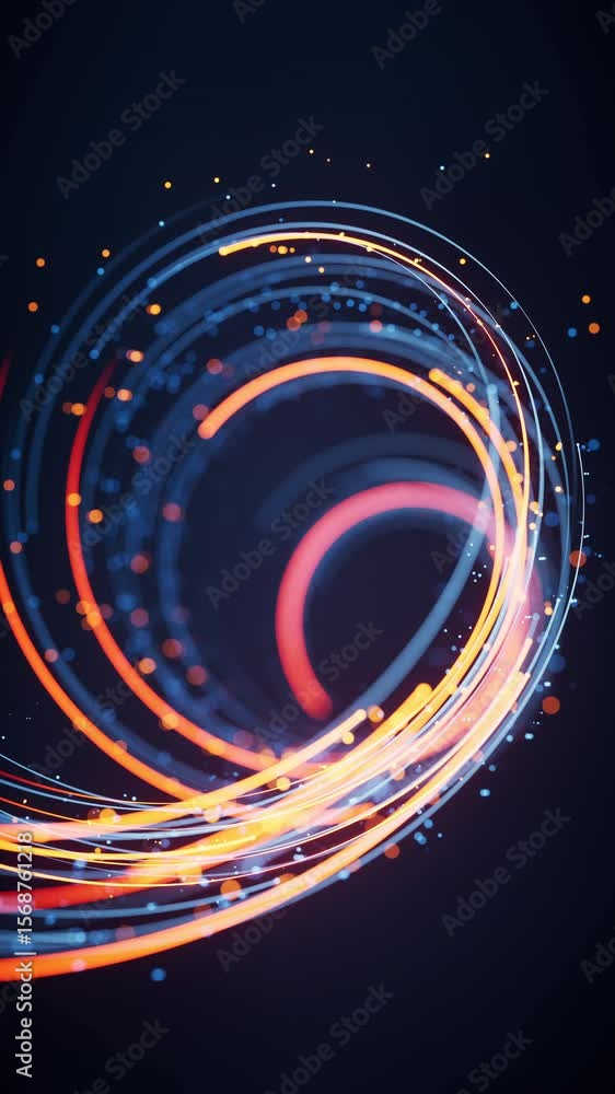 Poster rotating glowing vortex lines and particles background, 3d rendering.