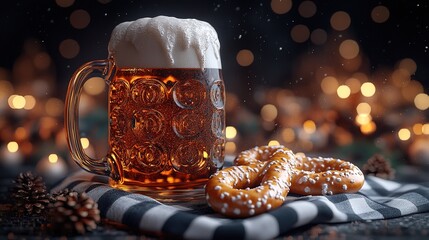 Foamy Beer in Glass Mug with Pretzels on Checkered Cloth, Festive Bokeh Background