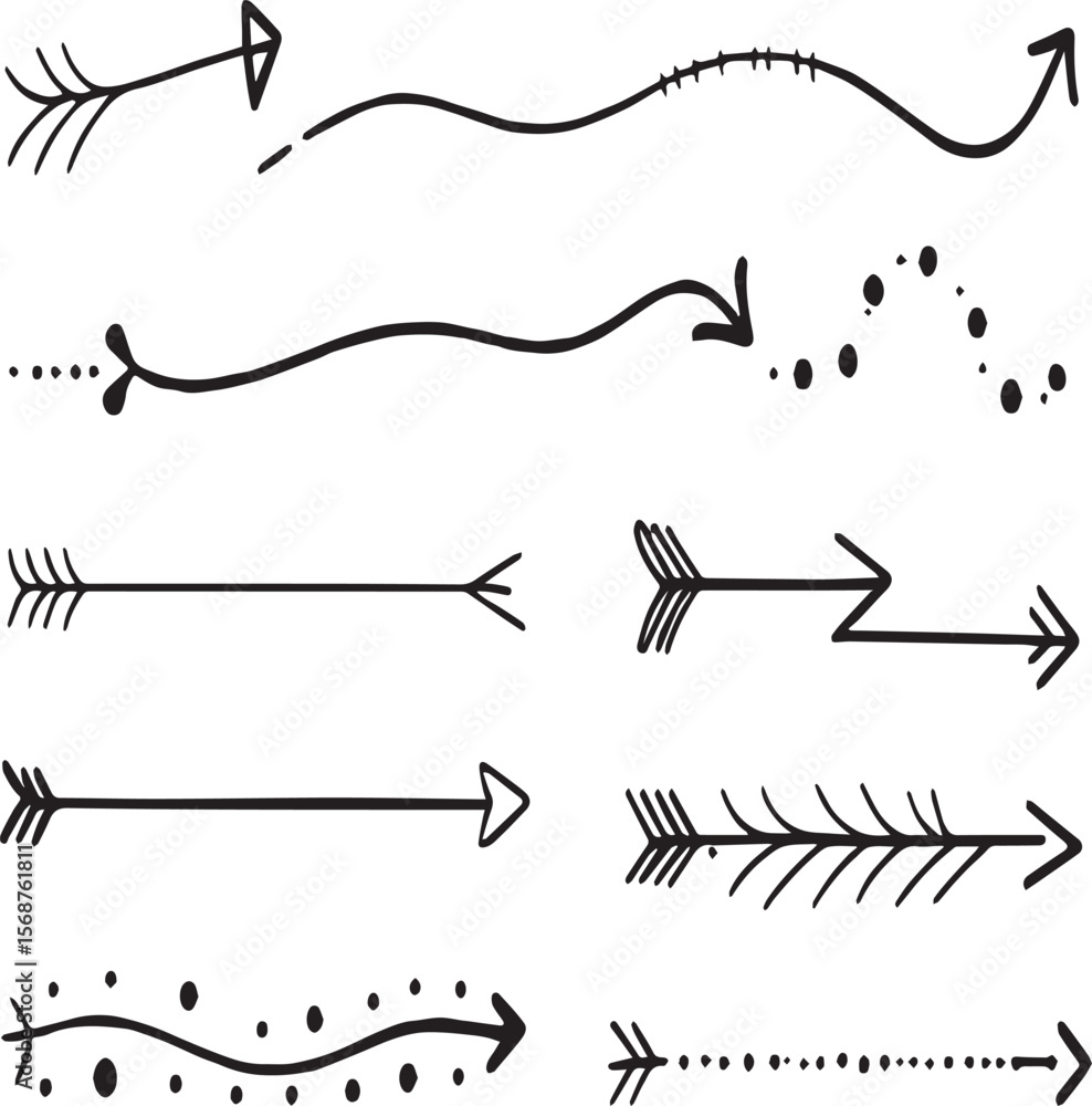Poster collection of hand drawn black arrows with different styles on a white background in a simple vector