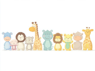 Obraz premium Cute cartoon animals including hippo, lion, giraffe, and more, lined up cheerful manner. This delightful illustration brings joy and playfulness, perfect for children decor or educational