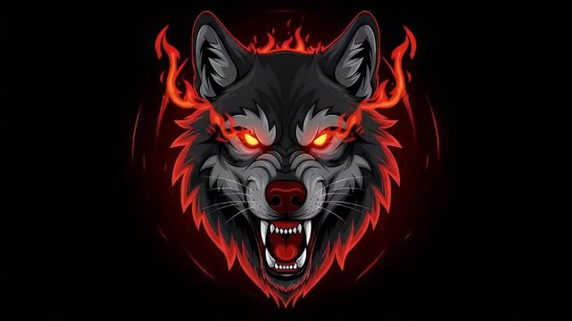 Fiery Wolf Head Illustration Glowing Eyes and Flaming Mane