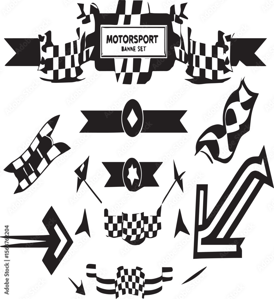 Poster a motorsport banner set with checkered flags and arrows on a white background in a graphic design st