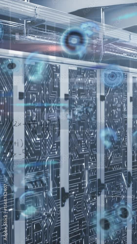 Poster animation of mathematical equations and multiple round scanners against computer server room