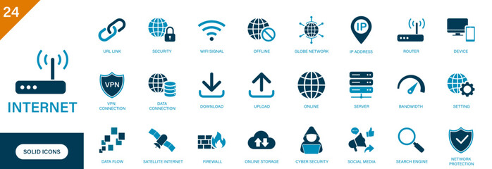 Internet icon. Containing information technology, online, data transfer, firewall, world wide web, website. Solid vector icons collection.