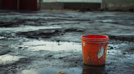 Naklejka premium The lonely orange bucket standing in the muddy construction site landscape