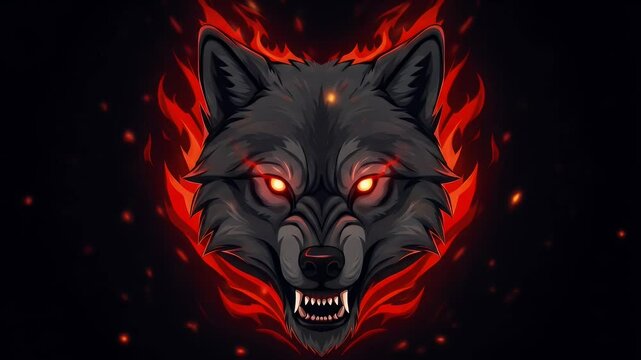 Fiery Wolf Head Illustration Glowing Eyes, Flaming Fur