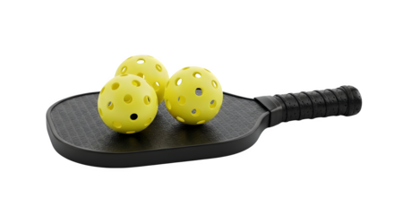Black Pickleball Paddle with Yellow Balls on Clean Transparent Background