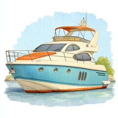 Luxury Motor Yacht Watercolor Illustration Beige and Blue Vessel on