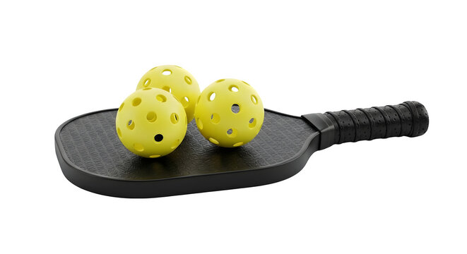 Black Pickleball Paddle with Yellow Balls on Clean Transparent Background