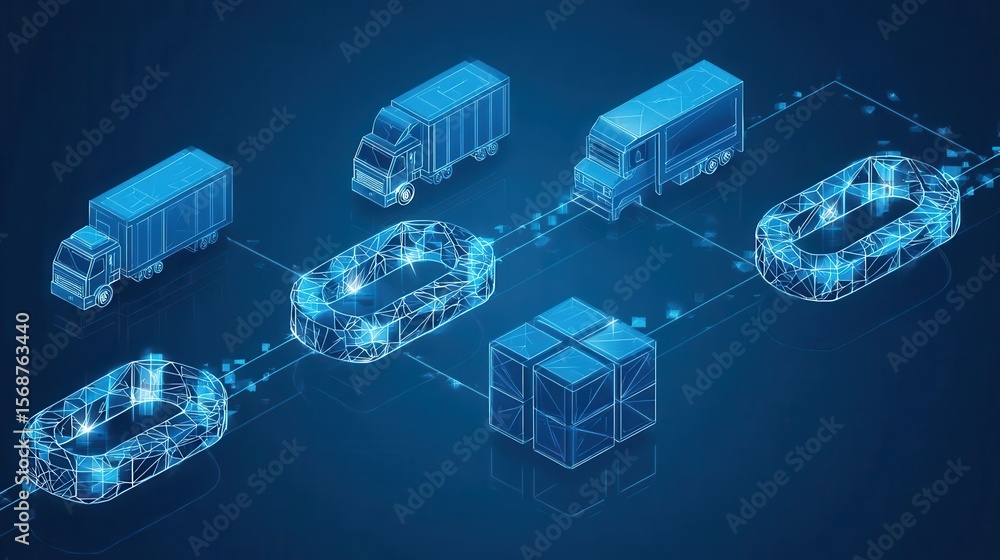 Poster a network of interconnected trucks and packages represented by a chain link.