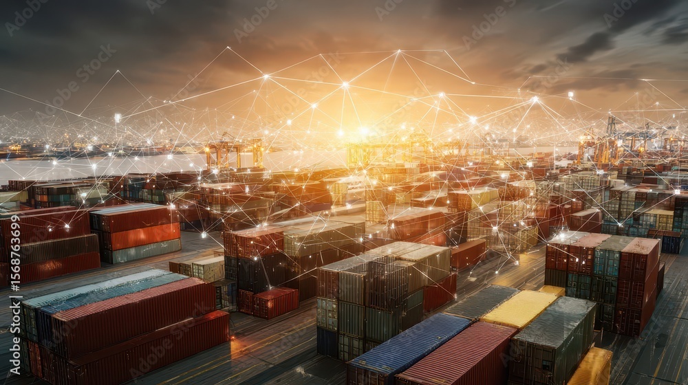 Poster a view of a container port with an overlay of interconnected network lines.