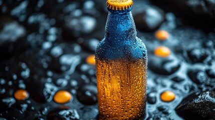 Chilled Beer Bottle with Water Drops on Dark Rocks for Summer Ads or Party Invites