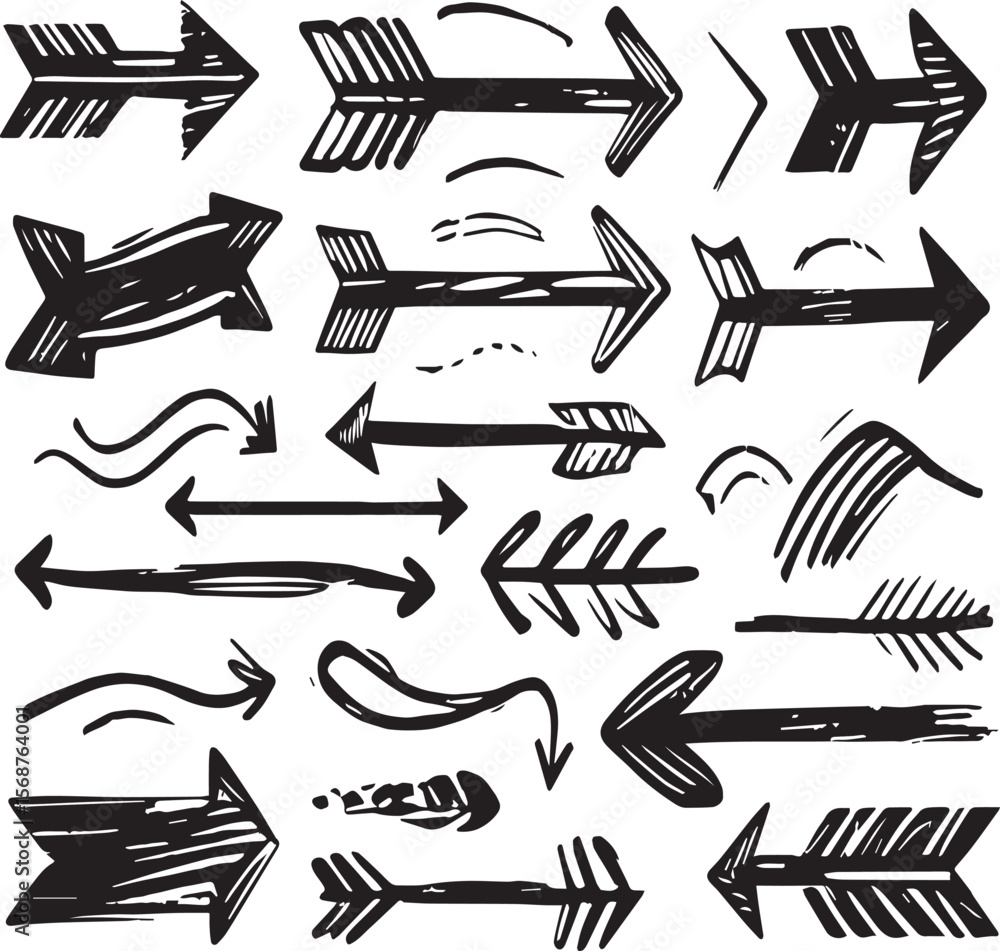 Poster a collection of various hand drawn black arrows pointing in different directions on a white backgrou