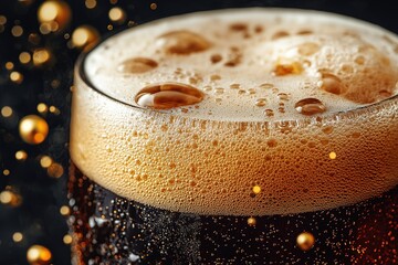Close - up of a frothy beer glass with condensation and golden bokeh background