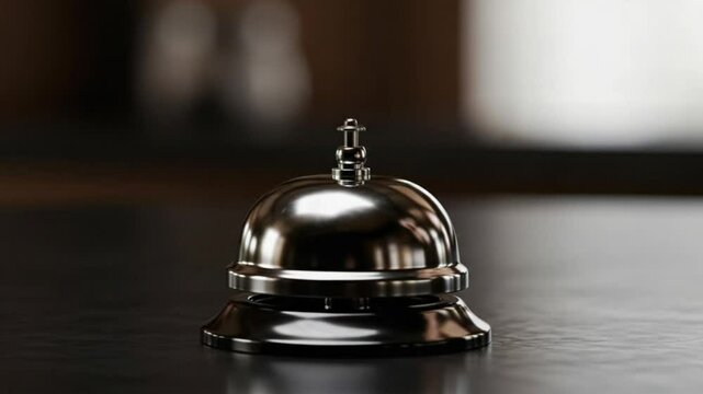 A finger presses a polished chrome service bell