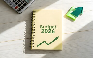 Notebook 2024 and up arrow. Growth and development of business and economy concept. Investments, financial fund and business analysis.