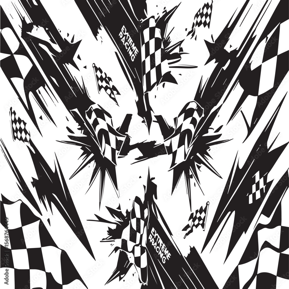 Poster a dynamic monochrome graphic featuring checkered flags and extreme racing text elements in motion st