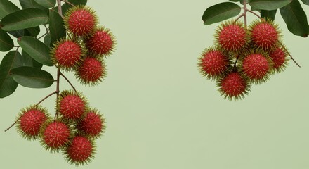 Vibrant red rambutan fruit hanging from lush green branches against soft pastel background