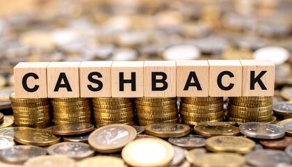 キャッシュバックを意味する英単語のchashbackの文字が書かれた木製のキューブブロックとお金。AIで生成	
