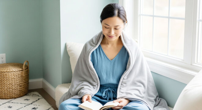 Cozy Indoor Reading: Woman Wrapped in Blanket by Window - Powered by Adobe