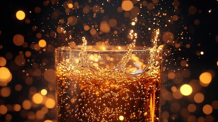 Golden Bubbling Liquid in Glass with Sparkling Bokeh Background