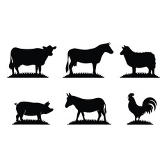Six black silhouettes of farm animals, including a cow, horse, sheep, pig, donkey, and rooster.