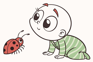 Obraz premium Vector cute Baby Boy cartoon character, with big, curious eyes and a thoughtful look, wearing a green striped onesie and looking at a ladybug, in a contemplative, adorable style, isolated on white bac