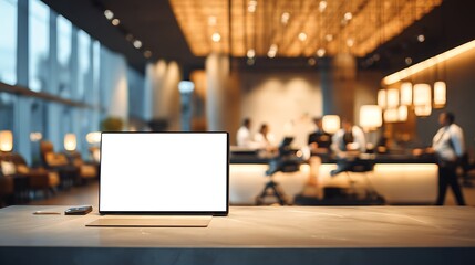 Sleek laptop with a blank white screen rests on a modern desk in a bustling hotel lobby, creating a serene workspace with blurred lights and people in the background.