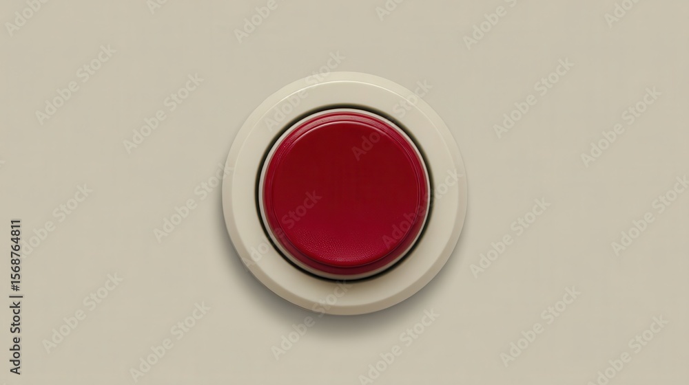 Poster red button on a cream-colored surface.