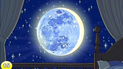 Mystical bedroom scenery with a luminous blue moon shining through parted curtains at night
