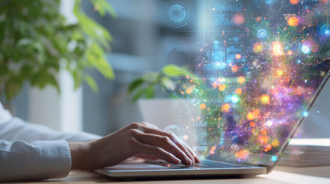 Hands typing on laptop with digital interface, data visualization, and network connection overlay