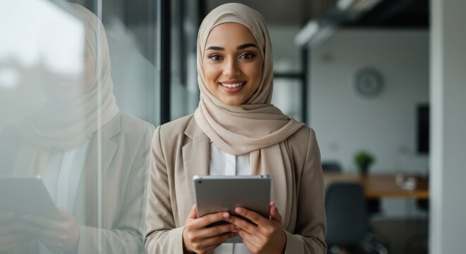 Photo of muslim woman with hijab holding tablet in office