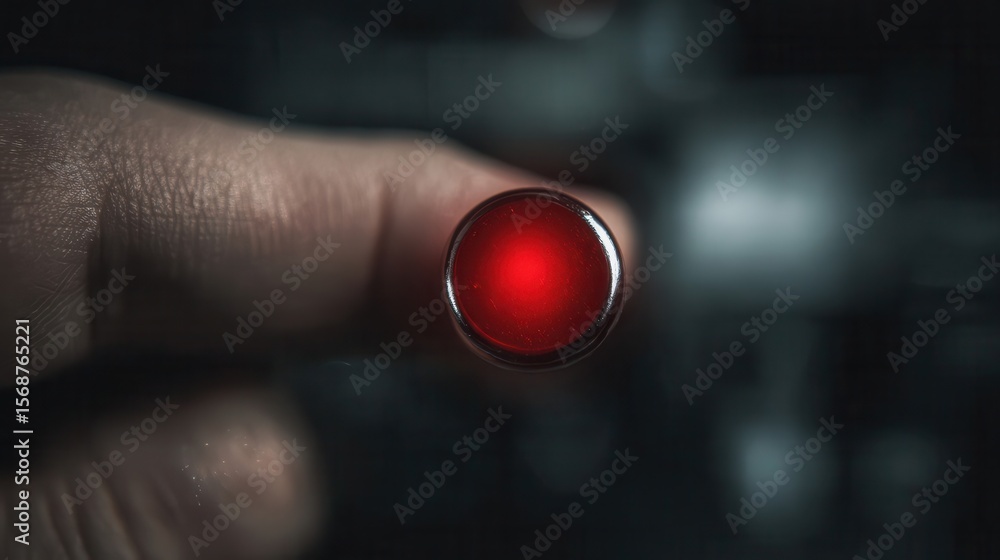 Poster close-up of a red illuminated button held by a finger.