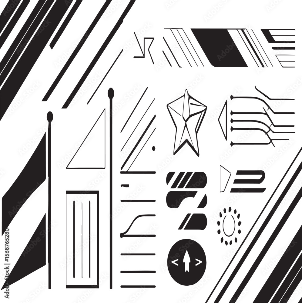 Poster abstract monochrome graphic elements with lines shapes and star on a white background design layout