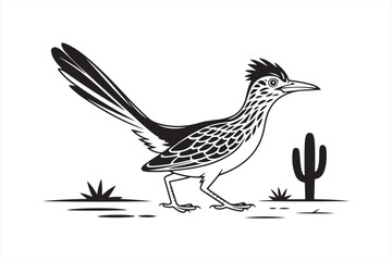 Naklejka premium Roadrunner Mid-Run – Black and White Minimalist Line Art
