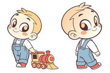 Vector cute Baby Boy cartoon character, with bright, alert eyes and a playful smirk, wearing a denim overall and playing with a toy train, in a classic, timeless style, isolated on white background
