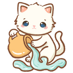 Cute Kawaii Zodiac Cat Clipart with overflown water from a jug Adorable Aquarius Astrology Animal Character Illustration for Kids Stickers Scrapbooking Digital Planners and Horoscope Designs