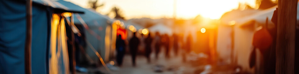 Obraz premium Refugee Camp at Sunset: Blurred Image of Tents and Figures
