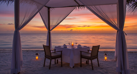 Fototapeta premium Romantic Dinner Beach Sunset Tropical Luxury Resort Honeymoon Travel Ocean