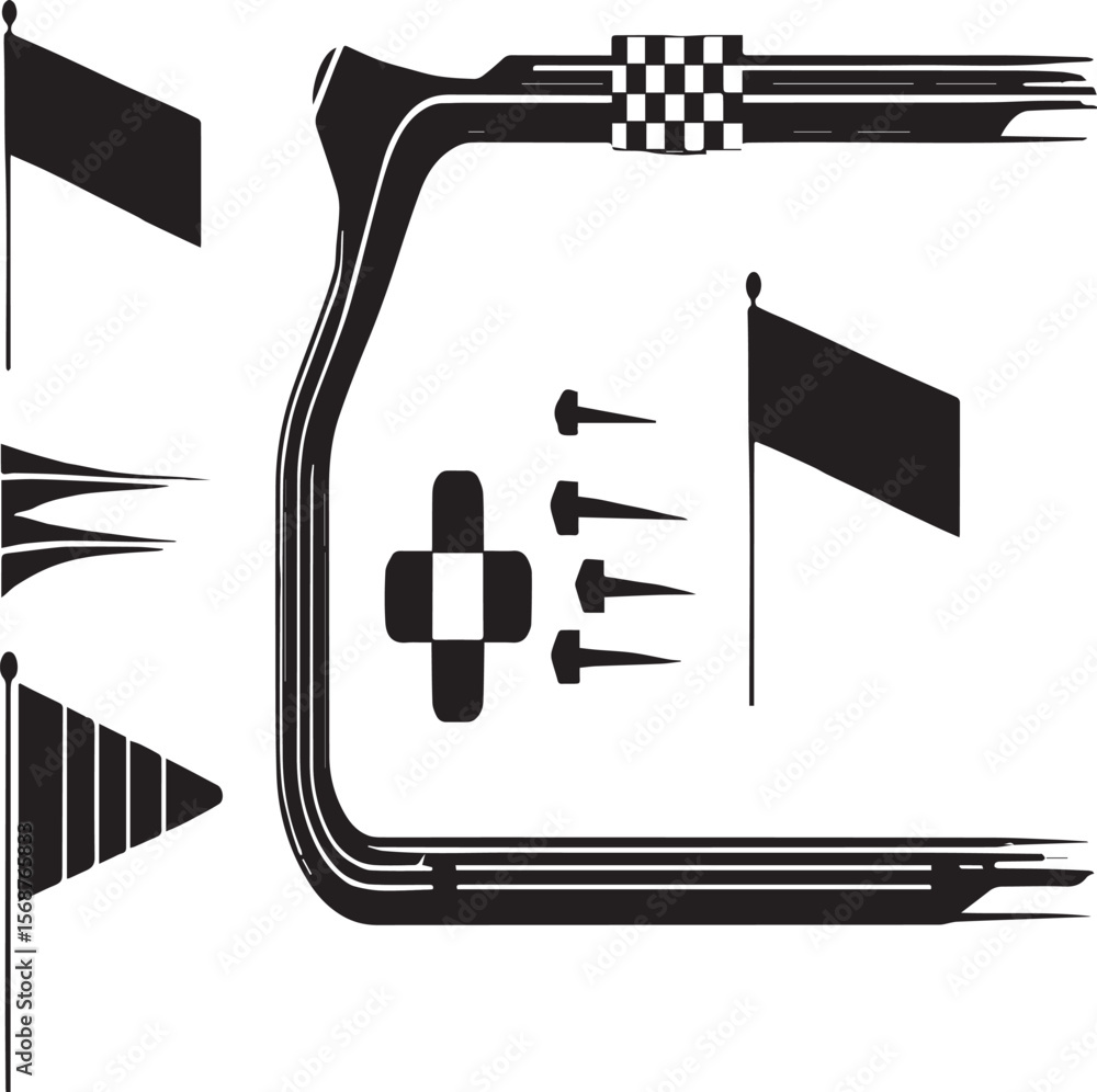 Poster abstract design featuring flags checkered pattern and a stylized racing track element
