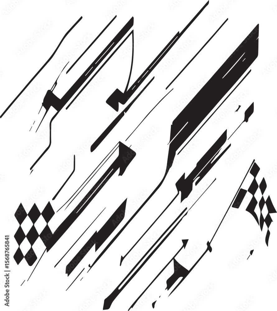 Poster abstract illustration with black lines arrows and checkered flags on a white background