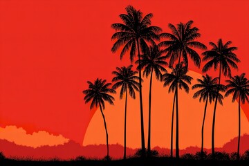 Sunset over a tropical landscape with silhouetted palm trees against a vibrant red sky