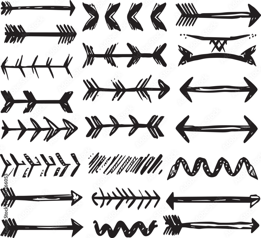 Poster collection of hand drawn black arrows in various designs arranged in a pattern on a white background