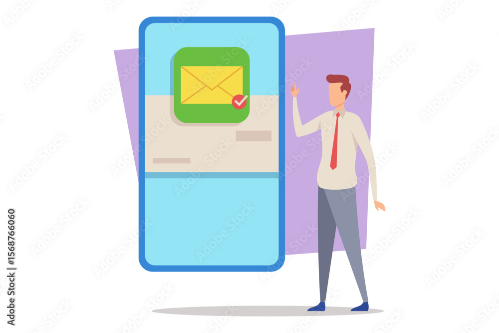 Poster person standing next to large smartphone displaying message notification on screen. man gesturing po