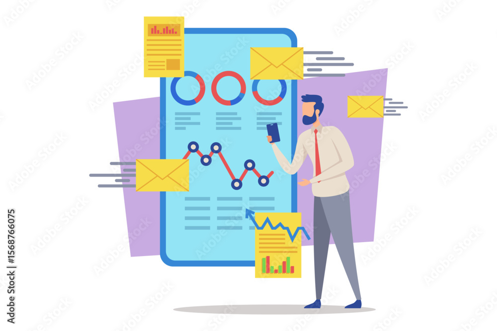 Poster man standing holding smartphone while reviewing digital metrics displayed on large screen. various c