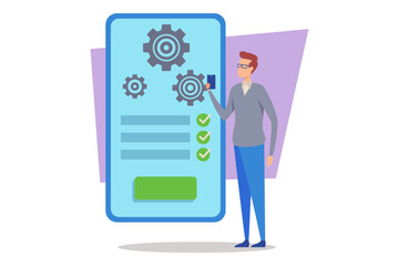 Man is standing next to large digital screen displaying gears and checkmarks. Man holding smartphone as he reviewing settings. Technology use and app functionality concept