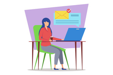 Person sitting at desk, actively engaging with laptop while holding drink, with notification above