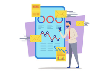 Man standing holding smartphone while reviewing digital metrics displayed on large screen. Various charts and graphs illustrating data trends. Surrounding elements depicting emails and notifications
